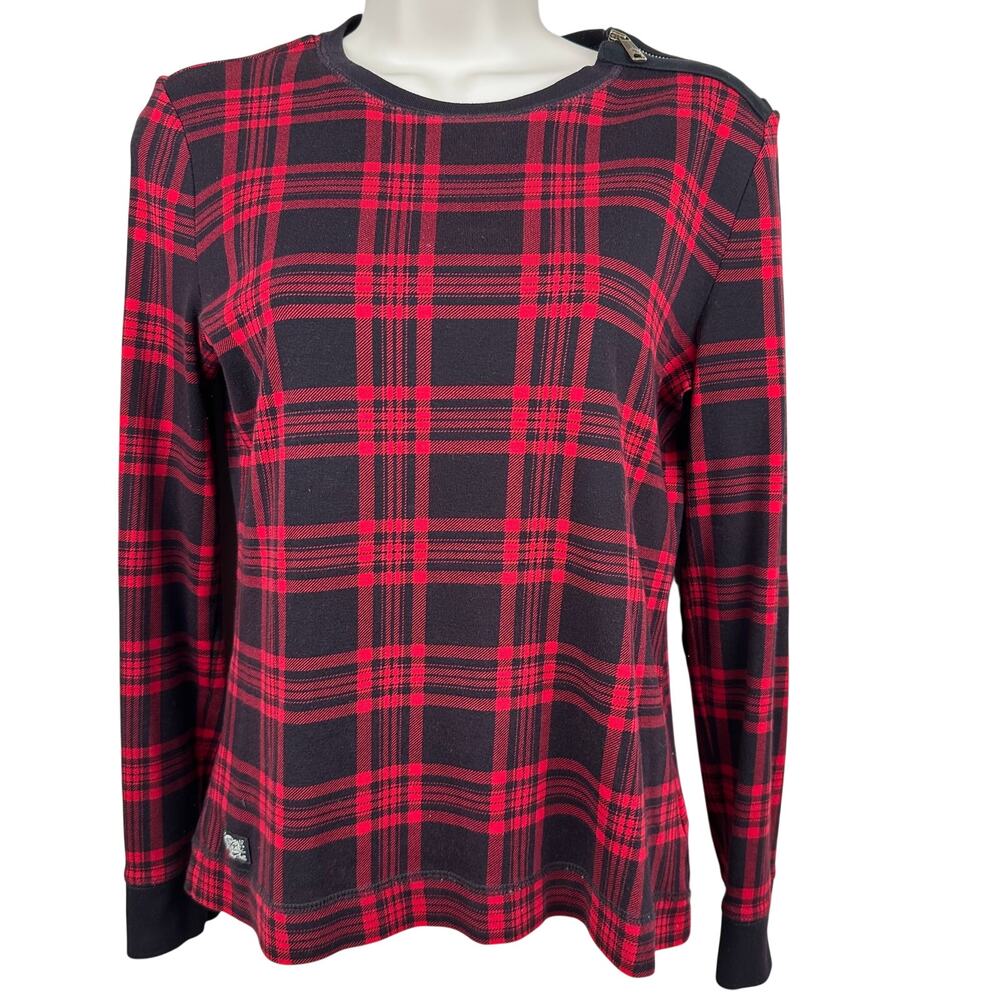 VTG Lauren Ralph Lauren Plaid Knit Top Elbow Patches Zip Shoulder Red Black PL